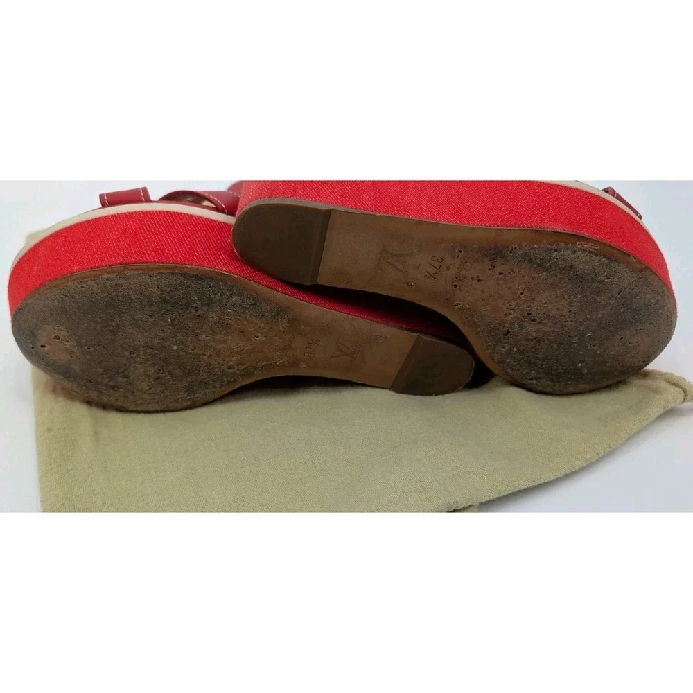 Louis Vuitton Red Waterfall Wedge Cloth & Leather Sandals Size 37.5 EU/7 US